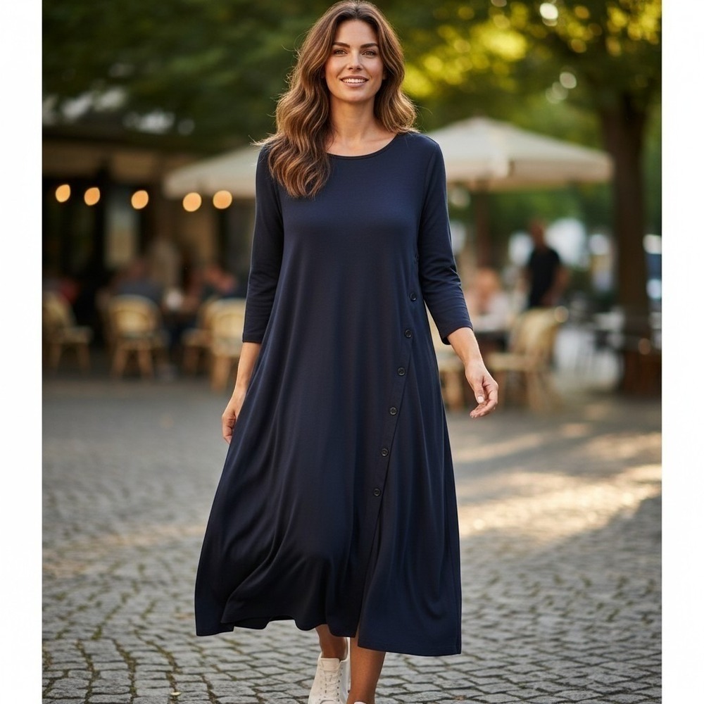 PURE BY ULLA POPKEN Dress Women 12/14 Navy Blue Side Button A-Line Midi Casual